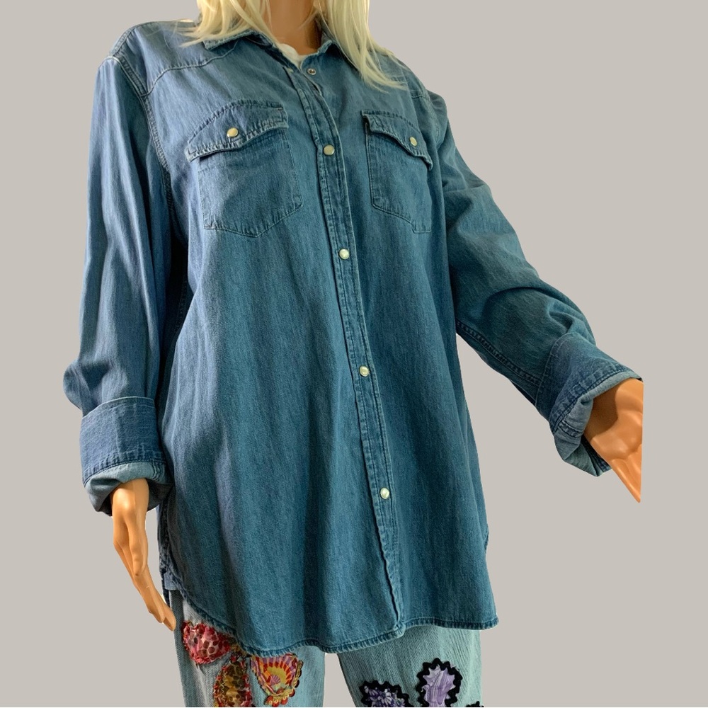Upcycled Denim bleached Bigfoot or Sasquatch footprint button down shirt. - Picture 7 of 14